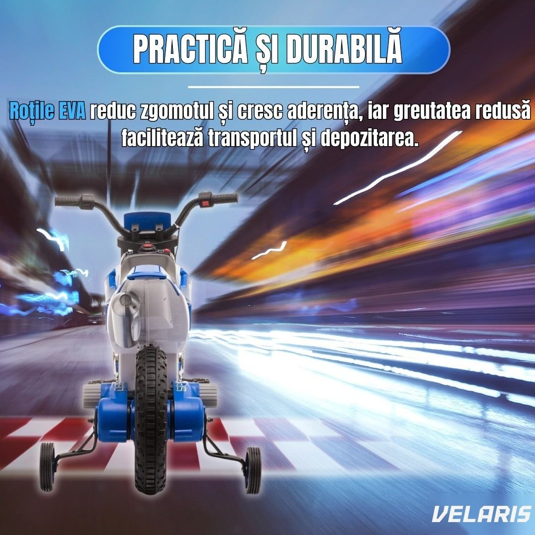 Motocicletă de jucărie cu roți ajutătoare, albastră