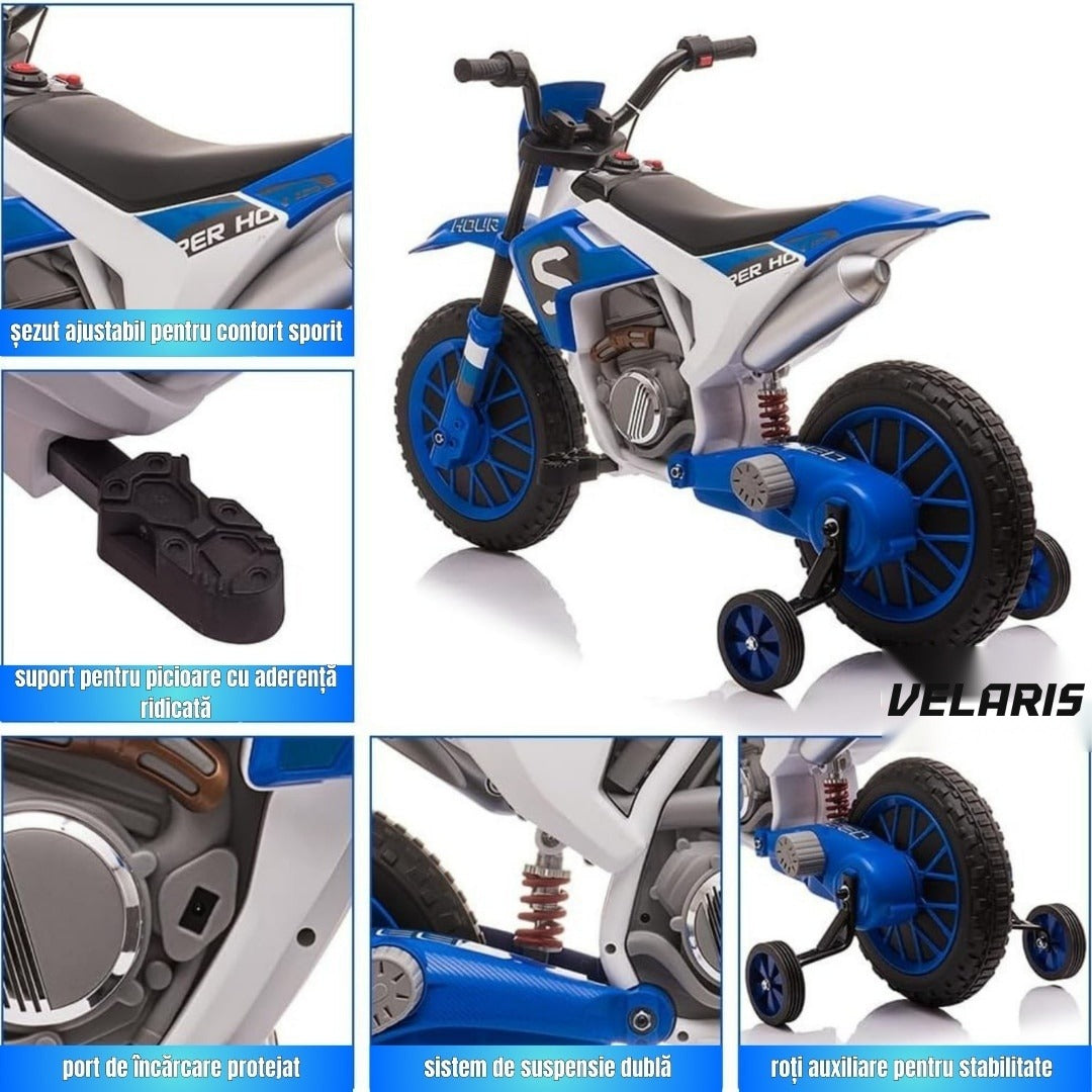 Motocicletă de jucărie cu roți ajutătoare, albastră