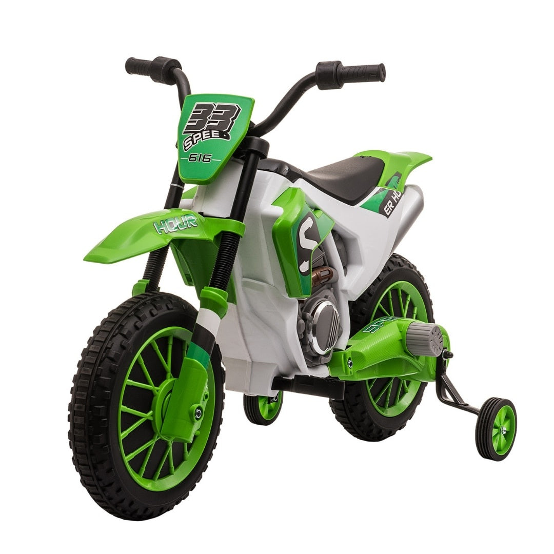 Motocicletă de jucărie cu roți ajutătoare, verde