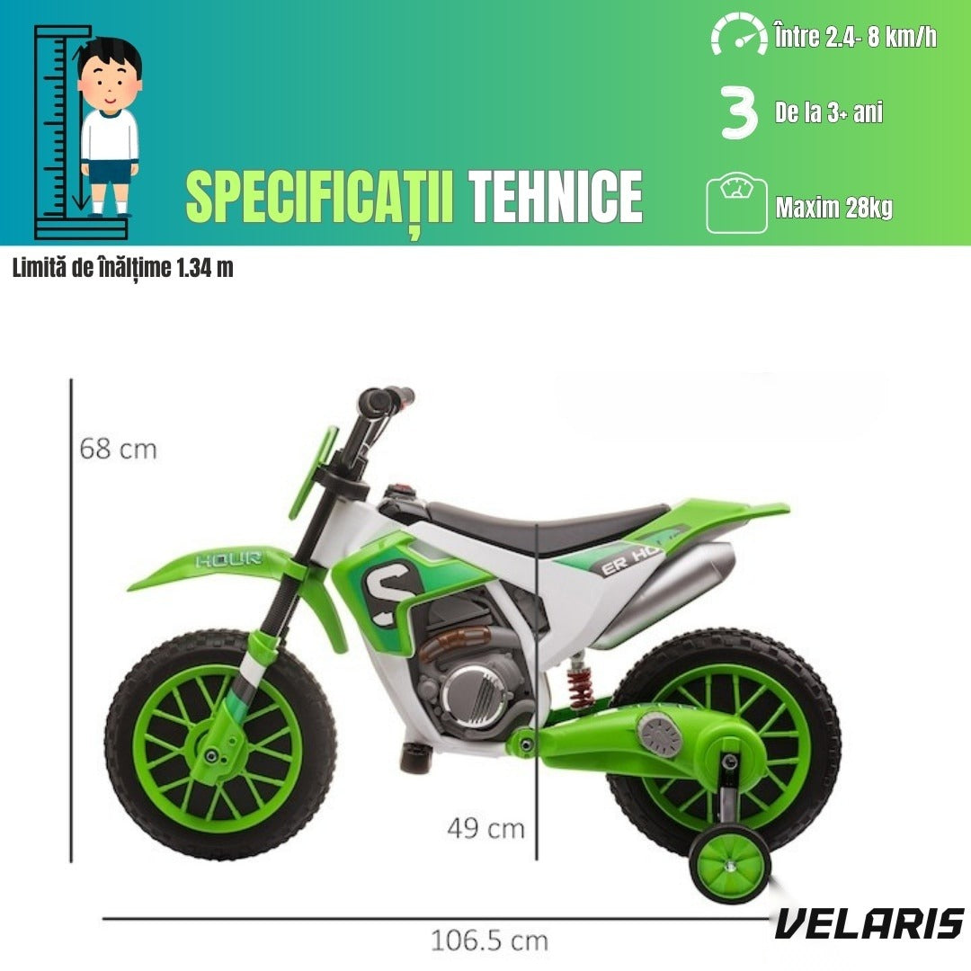Motocicletă de jucărie cu roți ajutătoare, verde