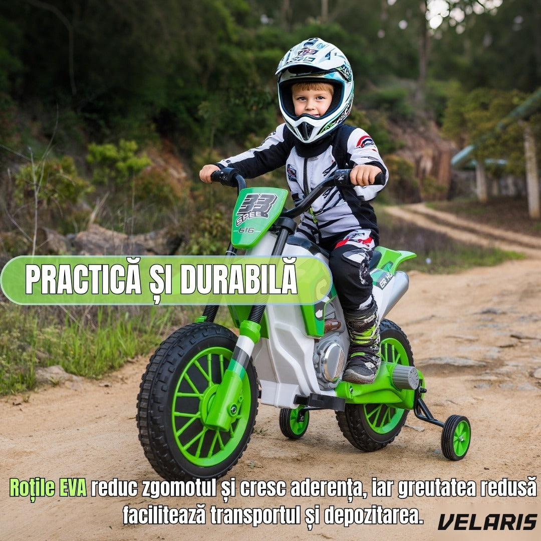 Motocicletă de jucărie cu roți ajutătoare, verde