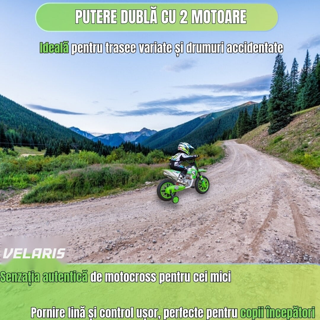 Motocicletă de jucărie cu roți ajutătoare, verde