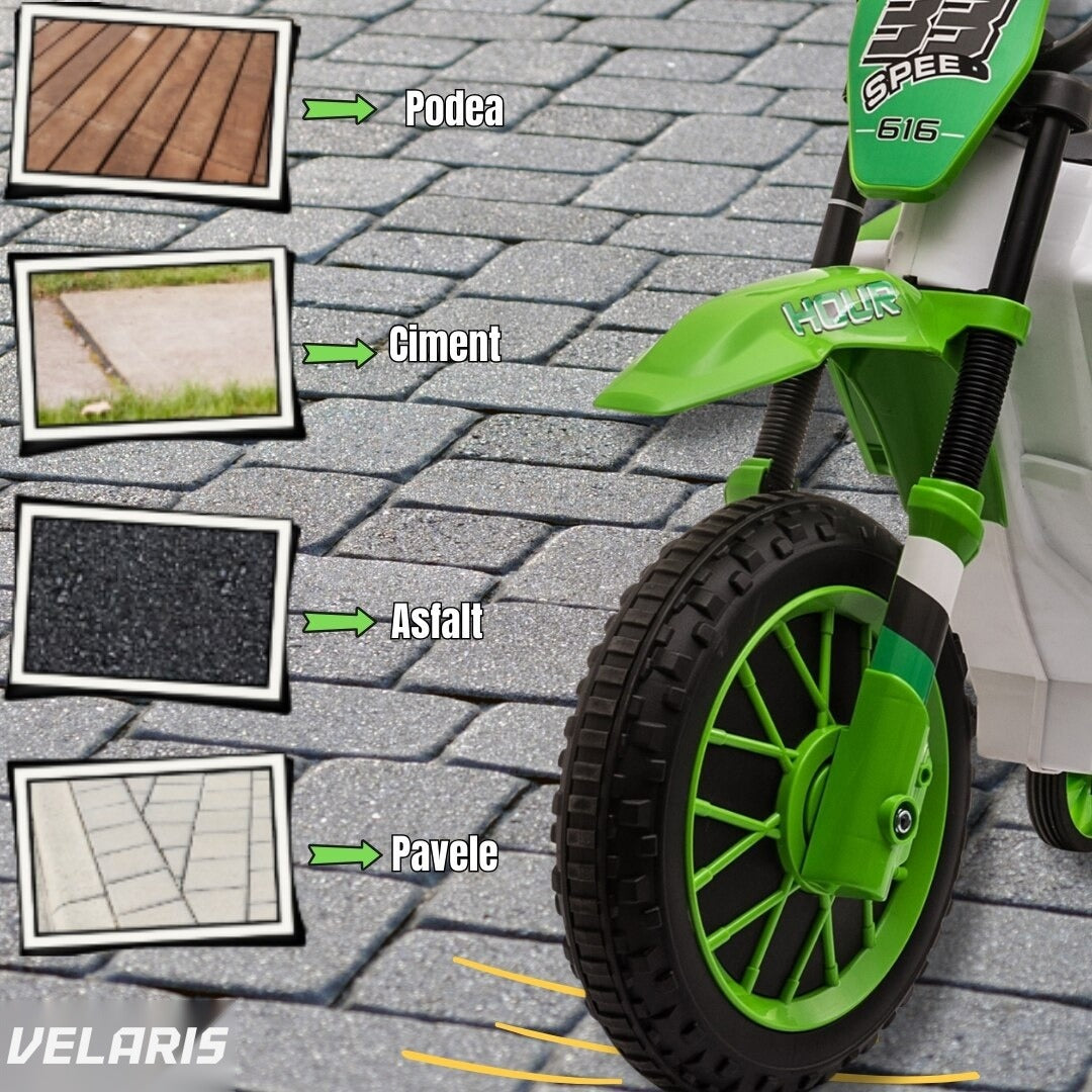Motocicletă de jucărie cu roți ajutătoare, verde