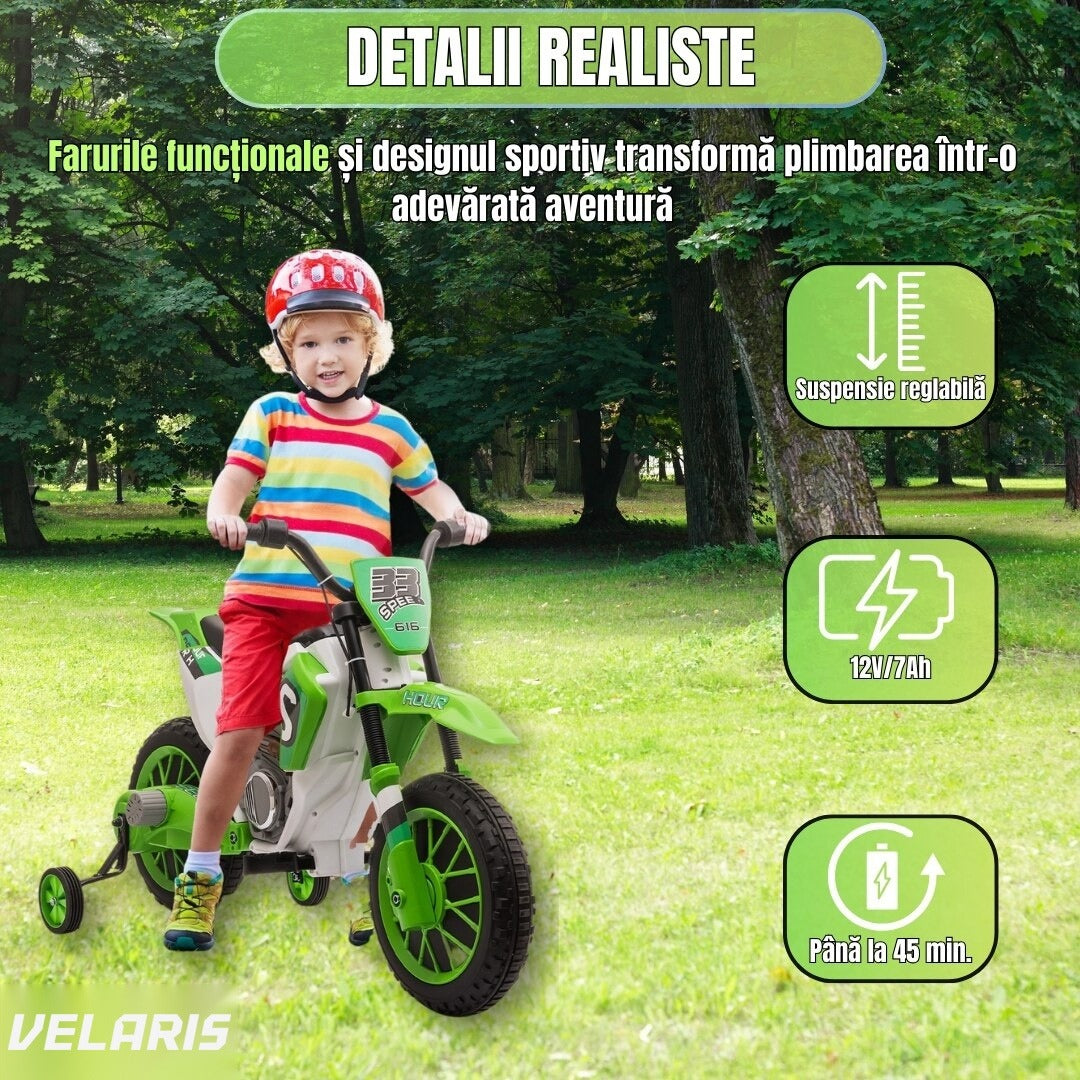 Motocicletă de jucărie cu roți ajutătoare, verde