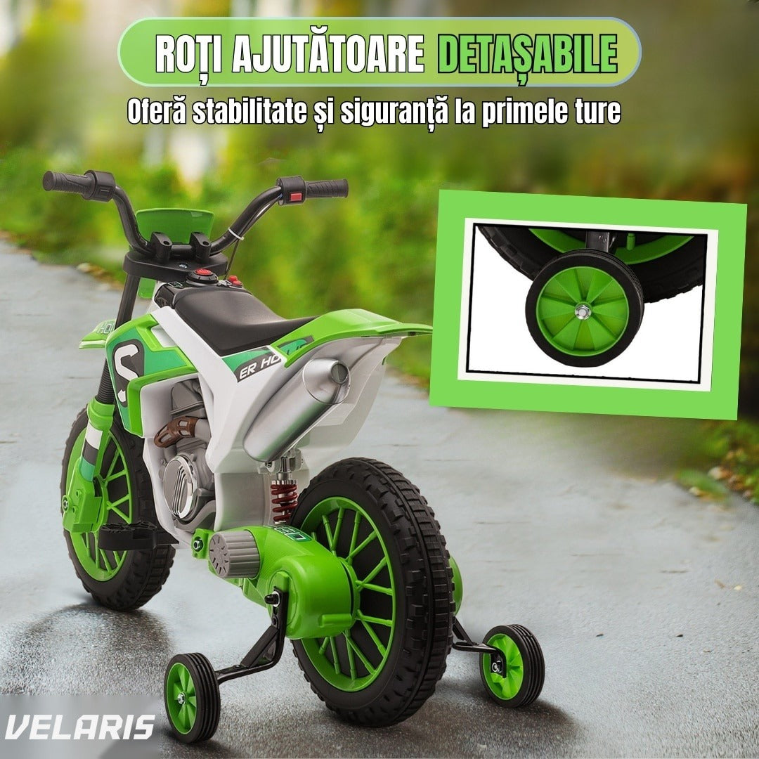Motocicletă de jucărie cu roți ajutătoare, verde