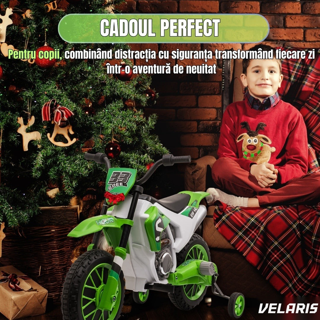 Motocicletă de jucărie cu roți ajutătoare, verde