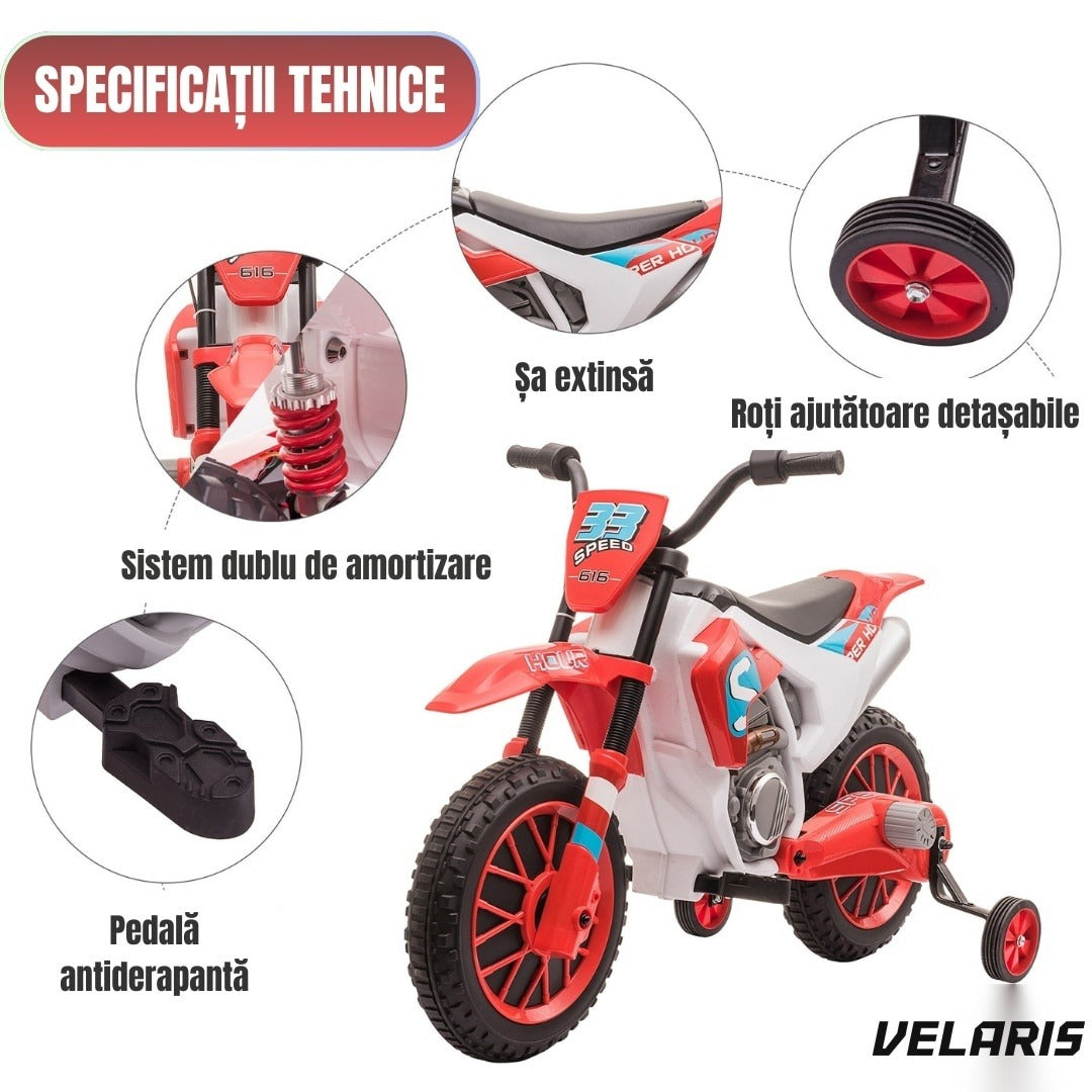 Motocicletă de jucărie cu roți ajutătoare, roșie