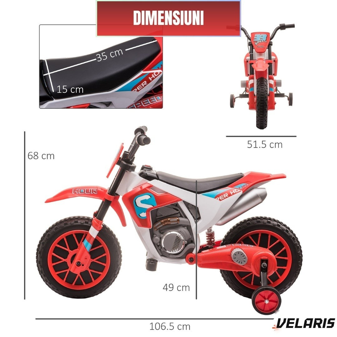 Motocicletă de jucărie cu roți ajutătoare, roșie