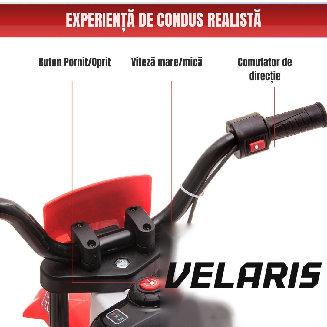 Motocicletă de jucărie cu roți ajutătoare, roșie