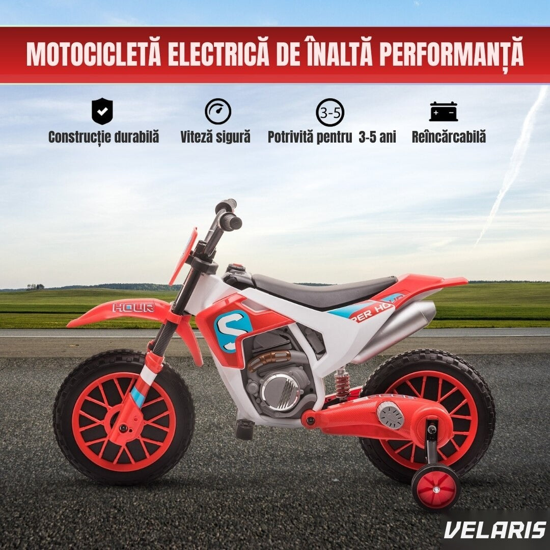 Motocicletă de jucărie cu roți ajutătoare, roșie