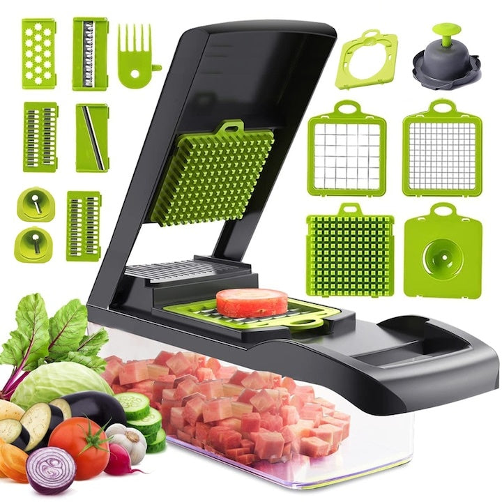 Răzătoare multifuncțională 15 în 1, 20 piese, 13 tipuri de tăiere, inox, verde/gri