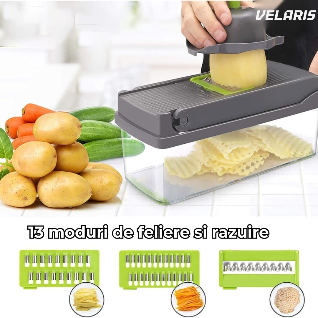 Răzătoare multifuncțională 15 în 1, 20 piese, 13 tipuri de tăiere, inox, verde/gri