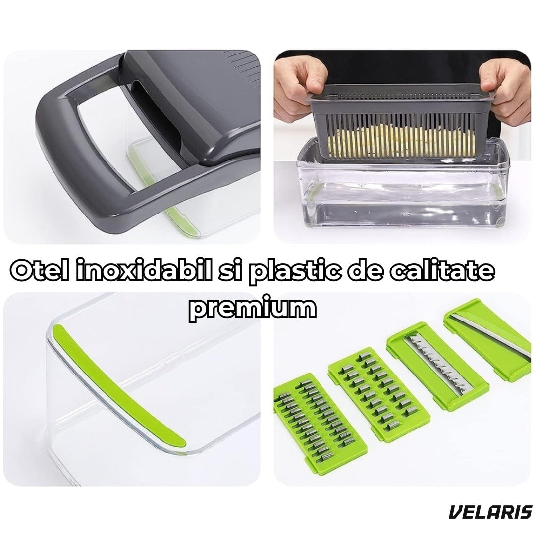 Răzătoare multifuncțională 15 în 1, 20 piese, 13 tipuri de tăiere, inox, verde/gri