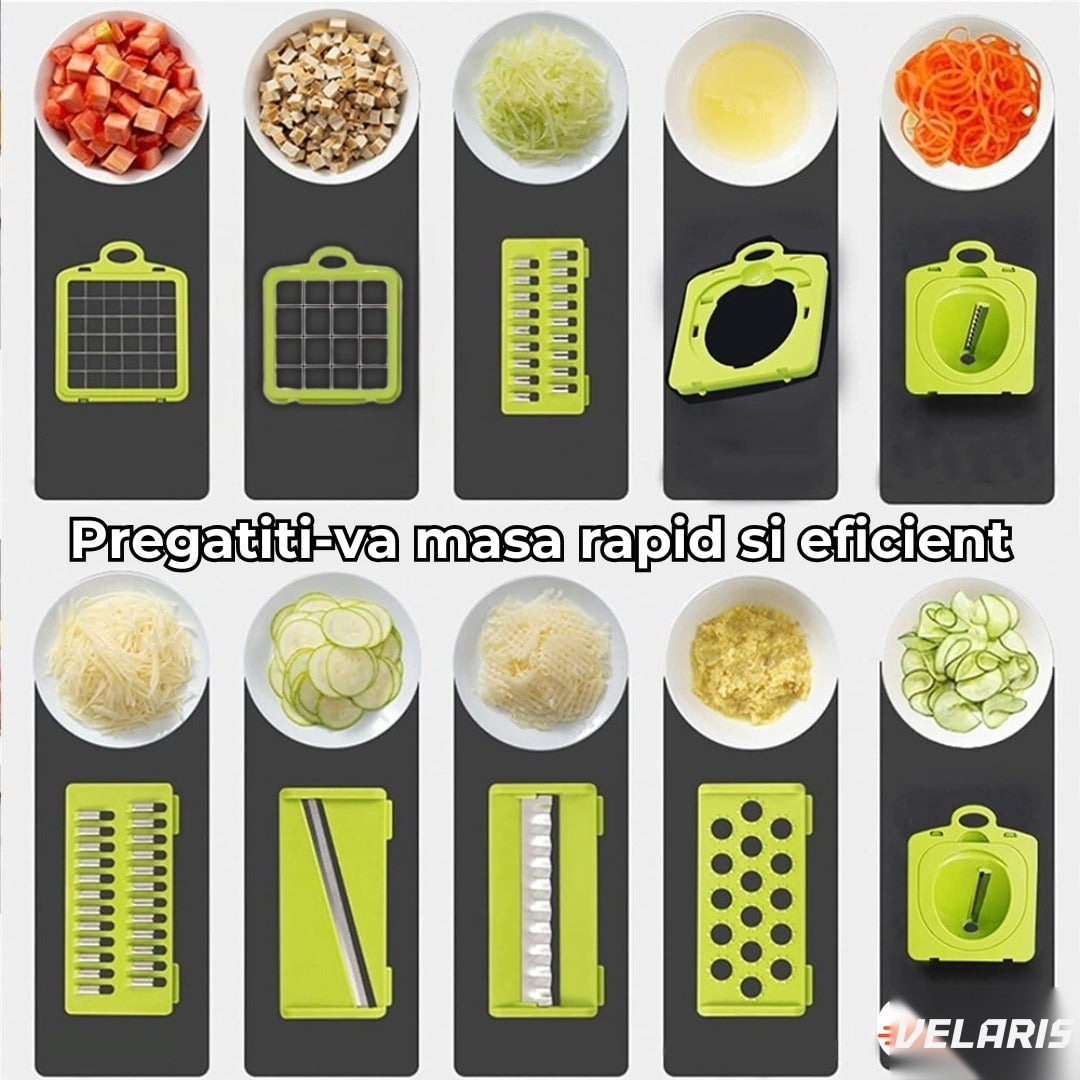 Răzătoare multifuncțională 15 în 1, 20 piese, 13 tipuri de tăiere, inox, verde/gri