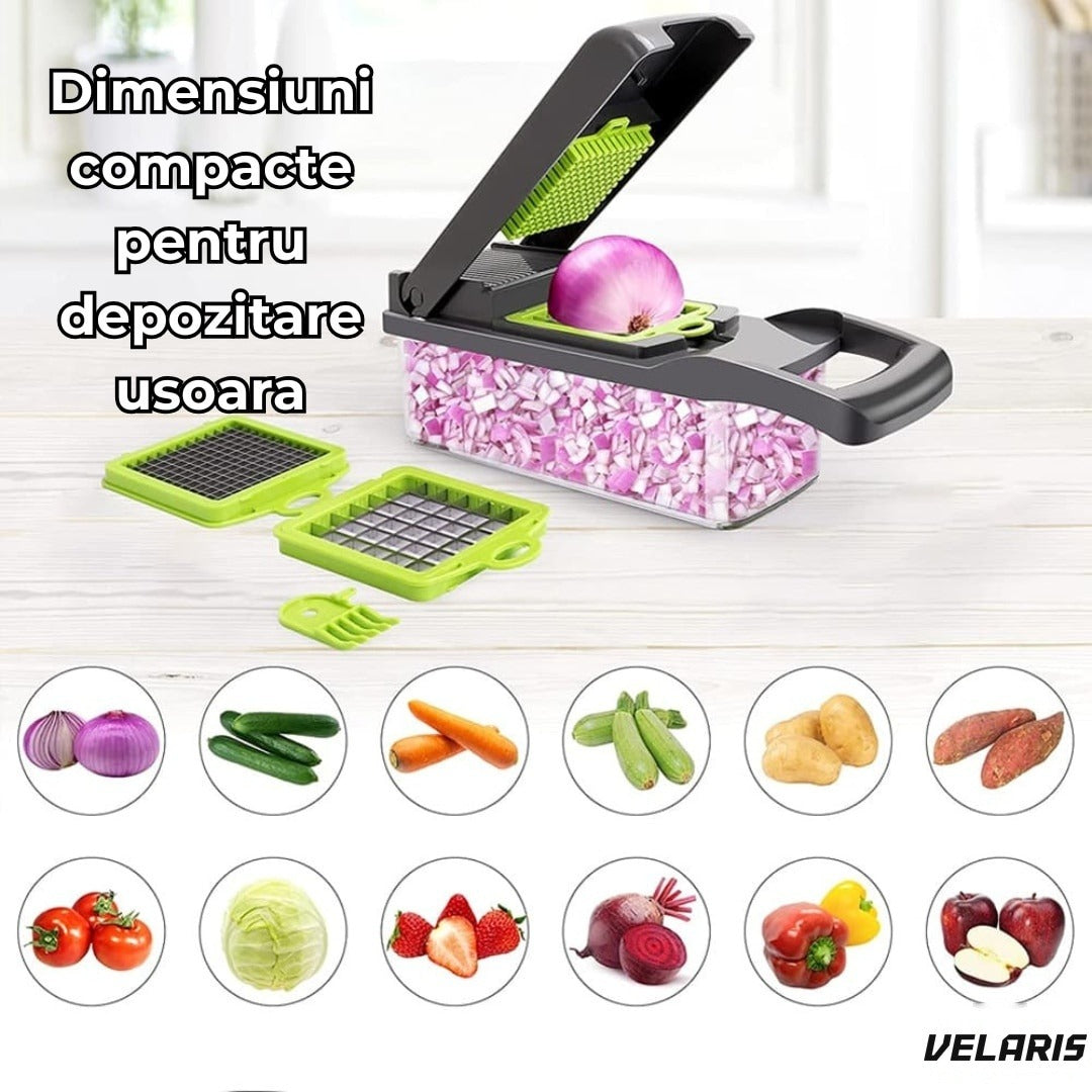 Răzătoare multifuncțională 15 în 1, 20 piese, 13 tipuri de tăiere, inox, verde/gri