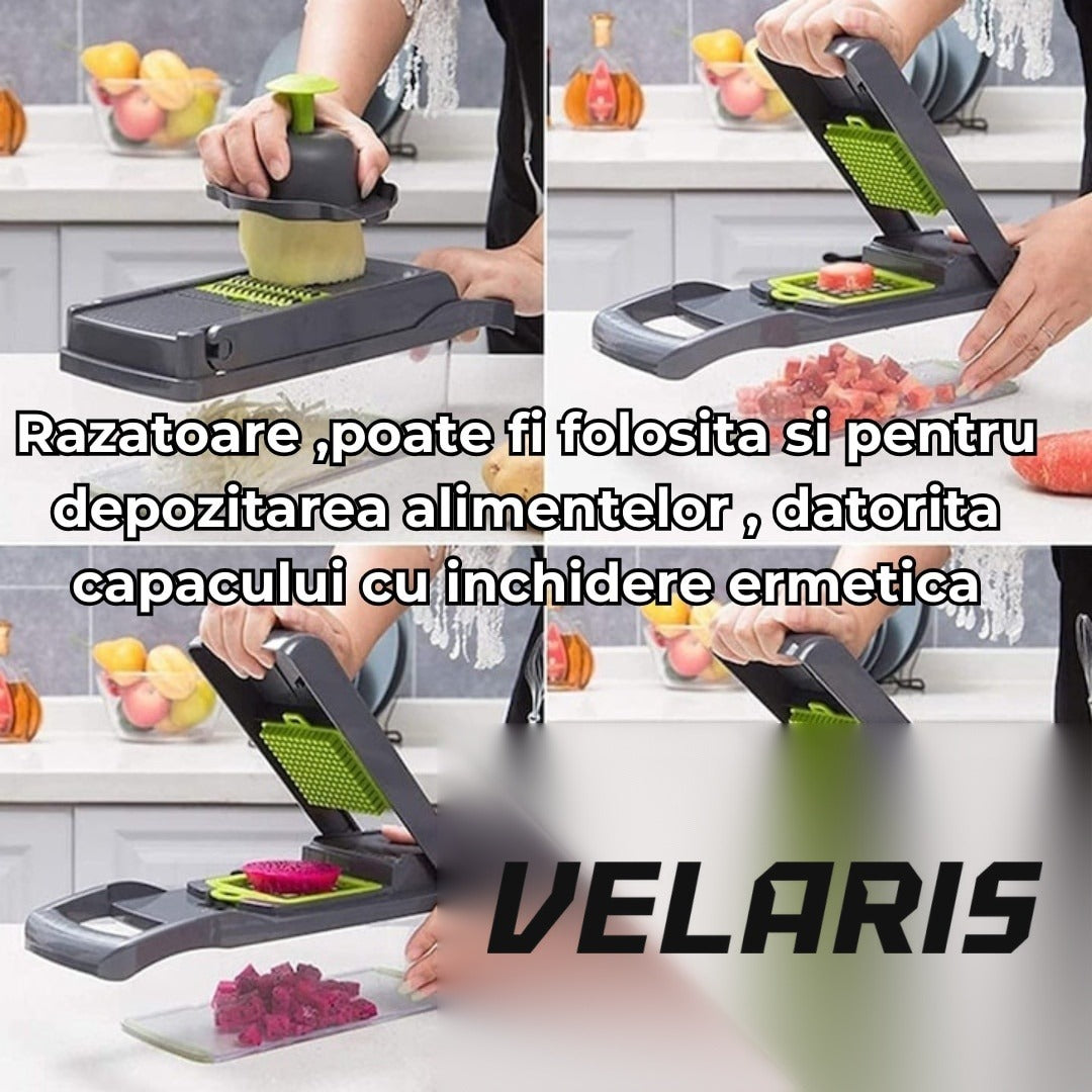 Răzătoare multifuncțională 15 în 1, 20 piese, 13 tipuri de tăiere, inox, verde/gri
