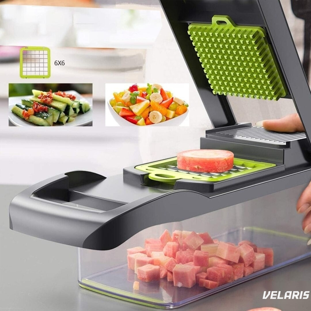 Răzătoare multifuncțională 15 în 1, 20 piese, 13 tipuri de tăiere, inox, verde/gri
