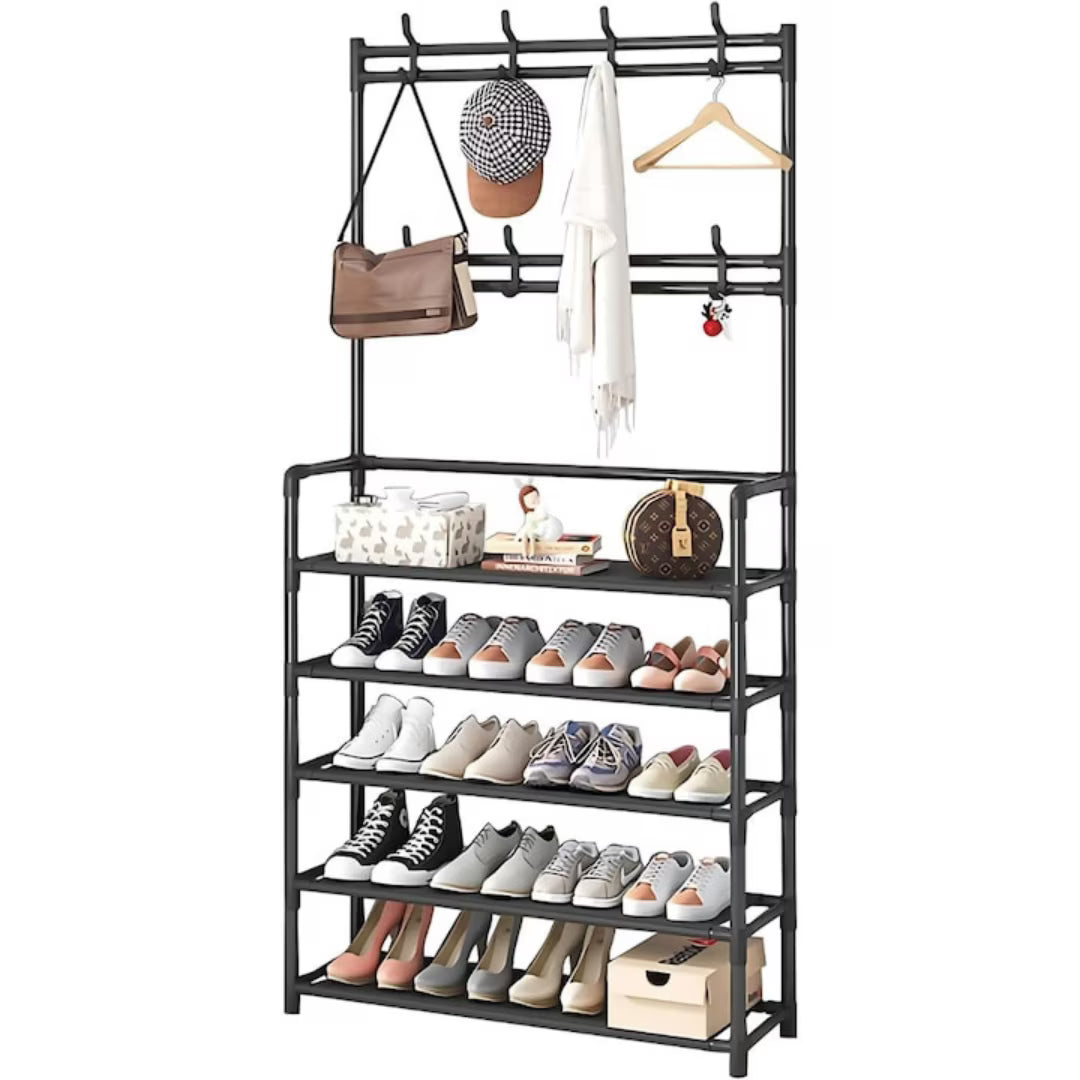 Cuier Multifuncțional pentru Haine și Încălțăminte, 171x80x26.5 cm, Design Modern, Negru