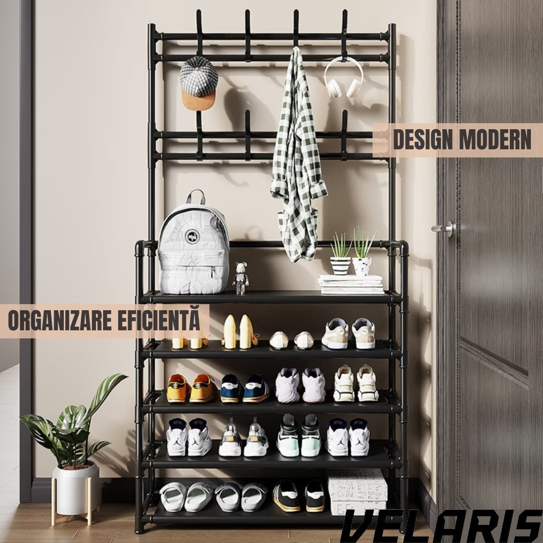 Cuier Multifuncțional pentru Haine și Încălțăminte, 171x80x26.5 cm, Design Modern, Negru