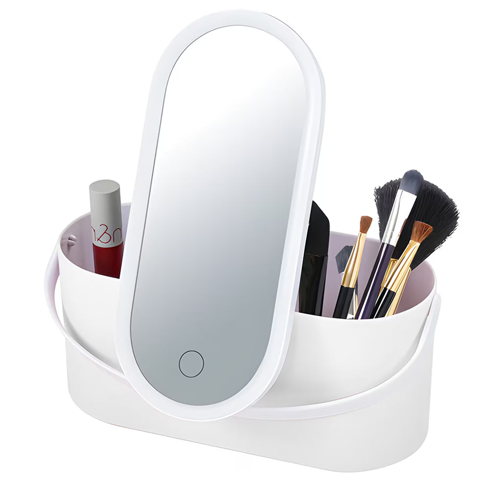 Oglindă cosmetică cu LED, depozitare, touch-screen, 23 x 10 x 11.5 cm, alb