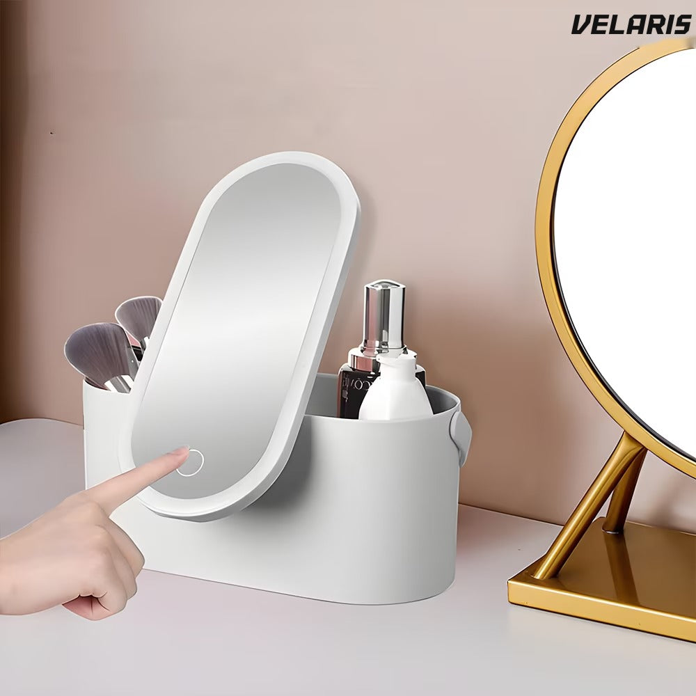 Oglindă cosmetică cu LED, depozitare, touch-screen, 23 x 10 x 11.5 cm, alb