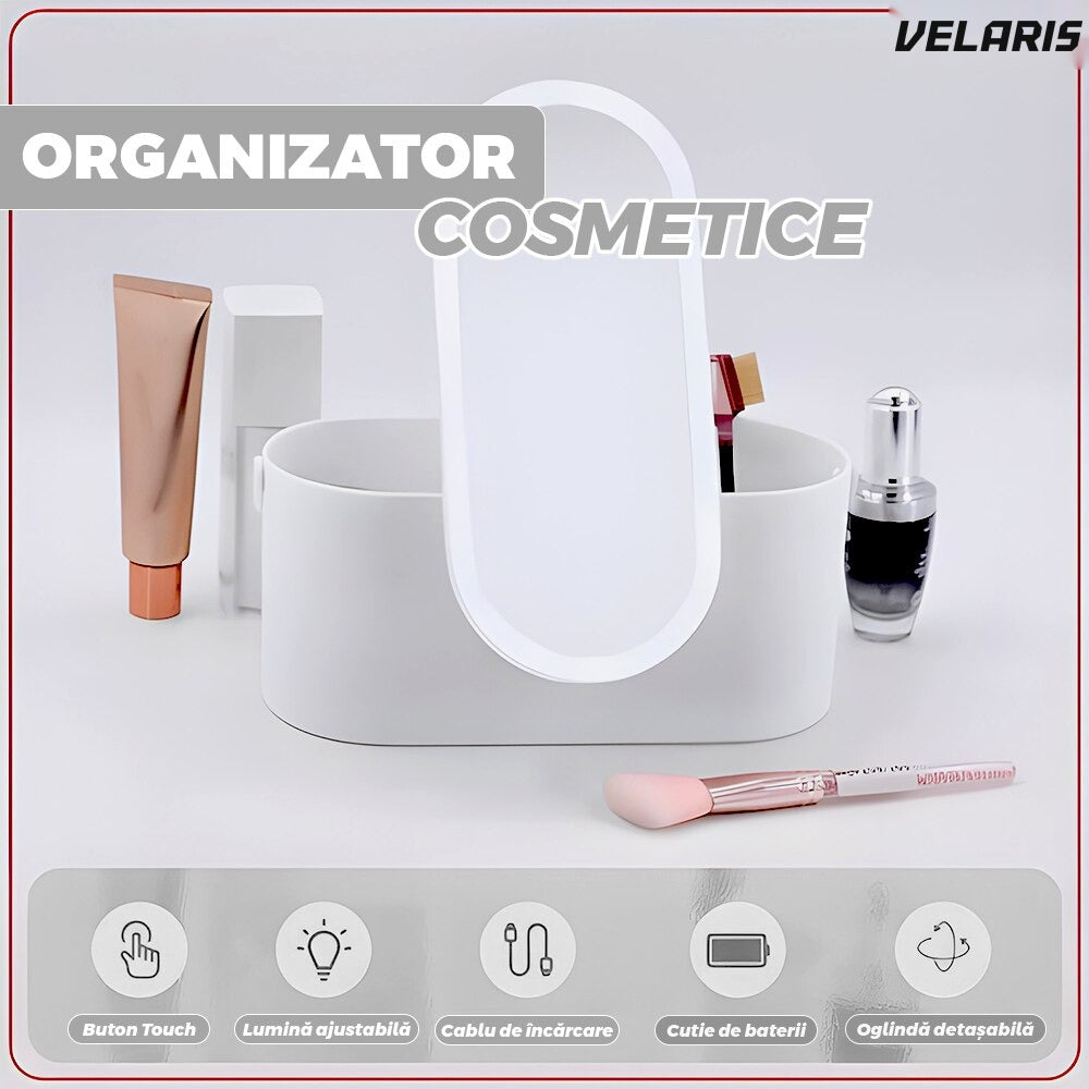 Oglindă cosmetică cu LED, depozitare, touch-screen, 23 x 10 x 11.5 cm, alb