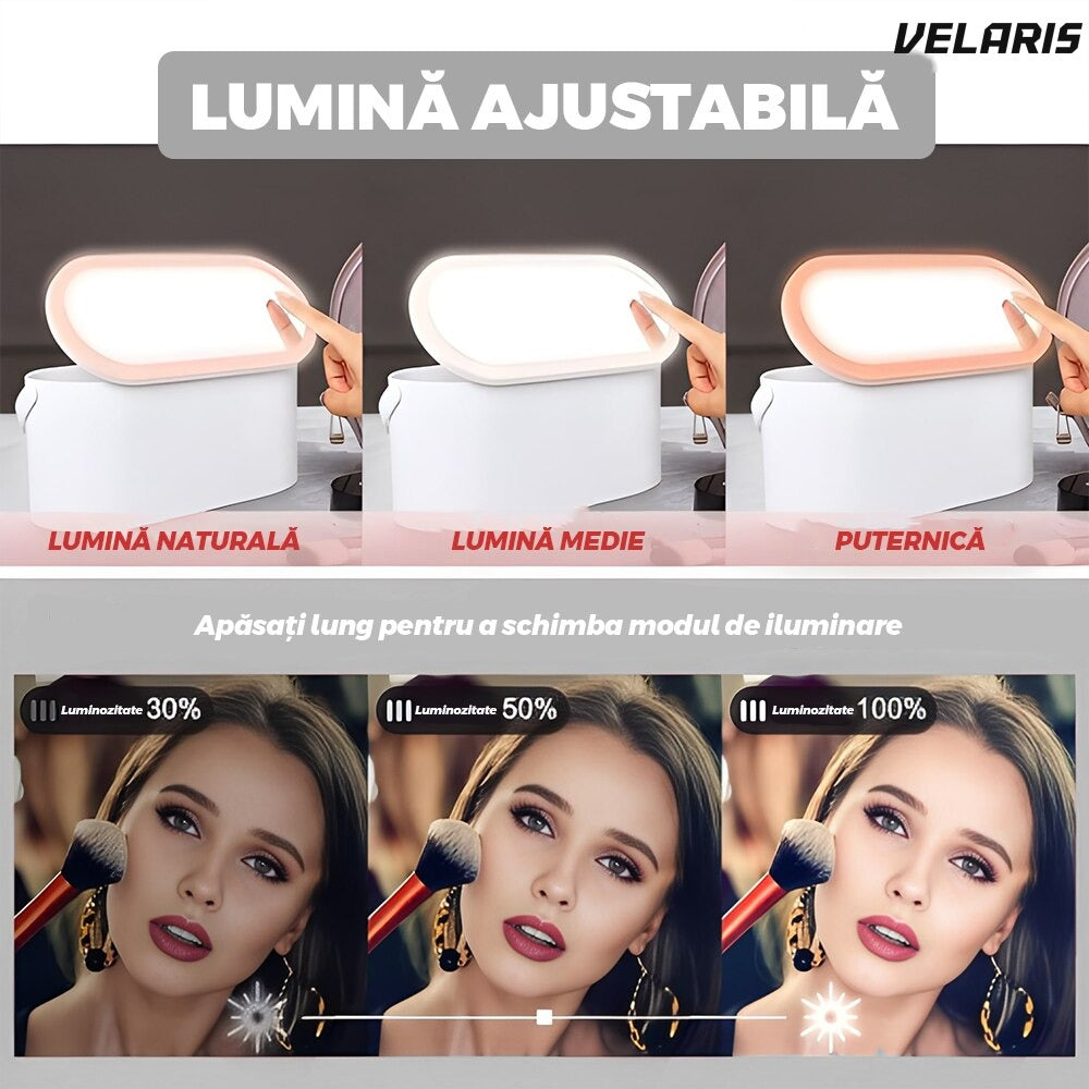 Oglindă cosmetică cu LED, depozitare, touch-screen, 23 x 10 x 11.5 cm, alb
