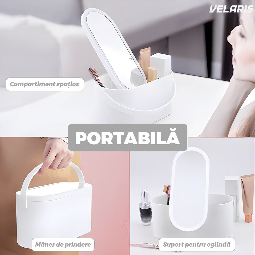 Oglindă cosmetică cu LED, depozitare, touch-screen, 23 x 10 x 11.5 cm, alb