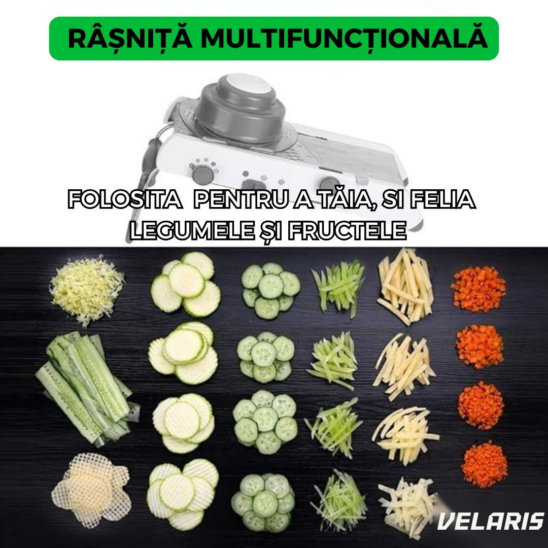 Răzătoare multifuncțională pentru legume și fructe, 18 tăieturi, lame inox, reglabil 1-7 mm, gri