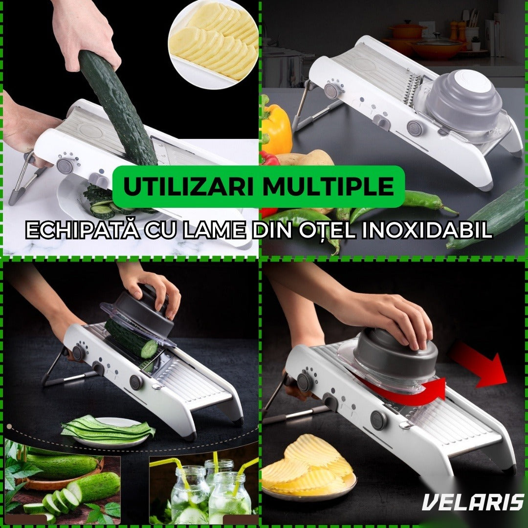 Răzătoare multifuncțională pentru legume și fructe, 18 tăieturi, lame inox, reglabil 1-7 mm, gri