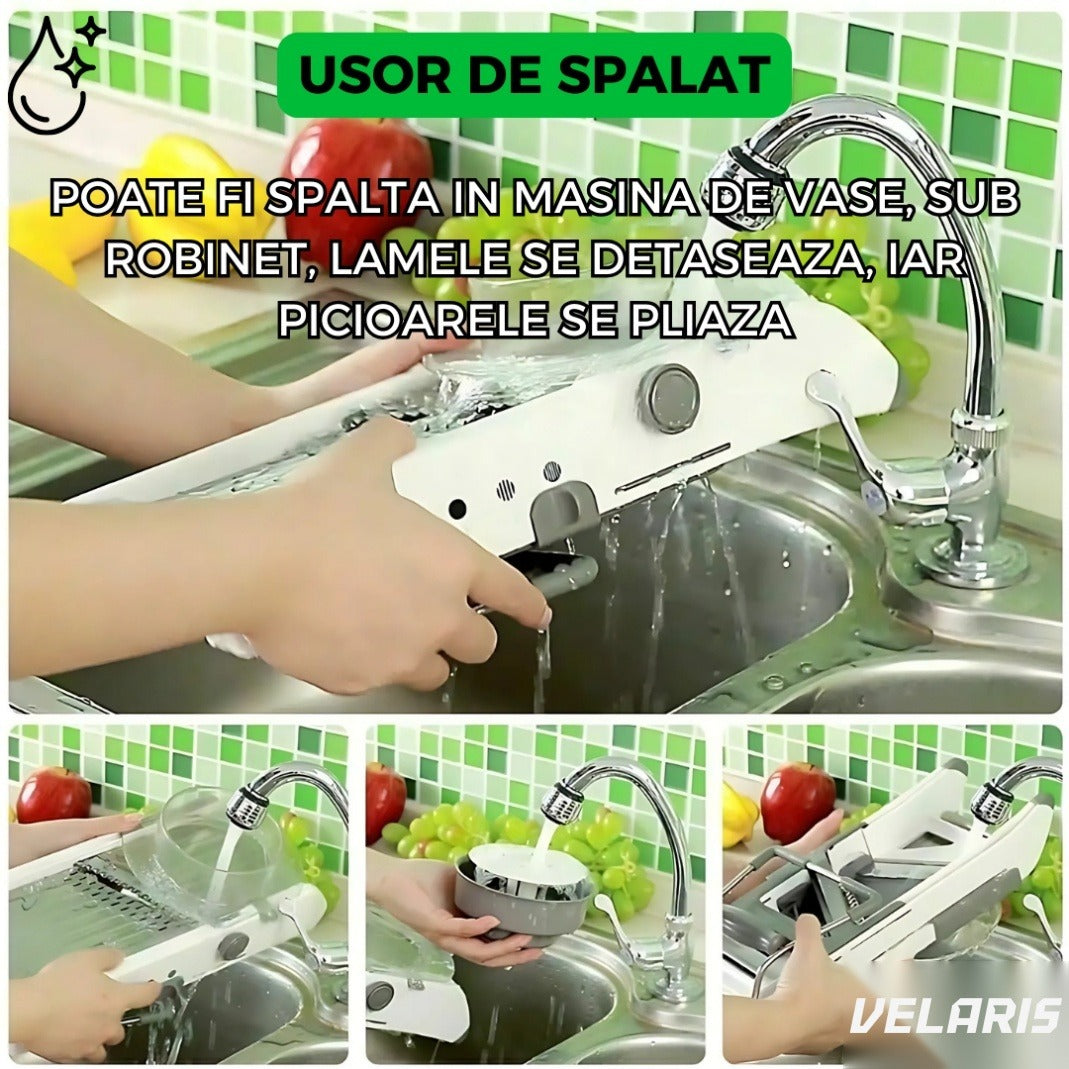 Răzătoare multifuncțională pentru legume și fructe, 18 tăieturi, lame inox, reglabil 1-7 mm, gri