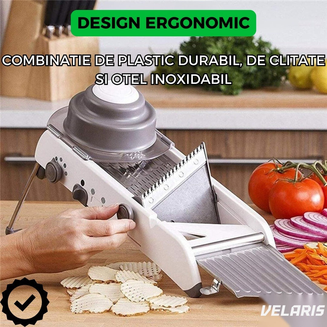 Răzătoare multifuncțională pentru legume și fructe, 18 tăieturi, lame inox, reglabil 1-7 mm, gri