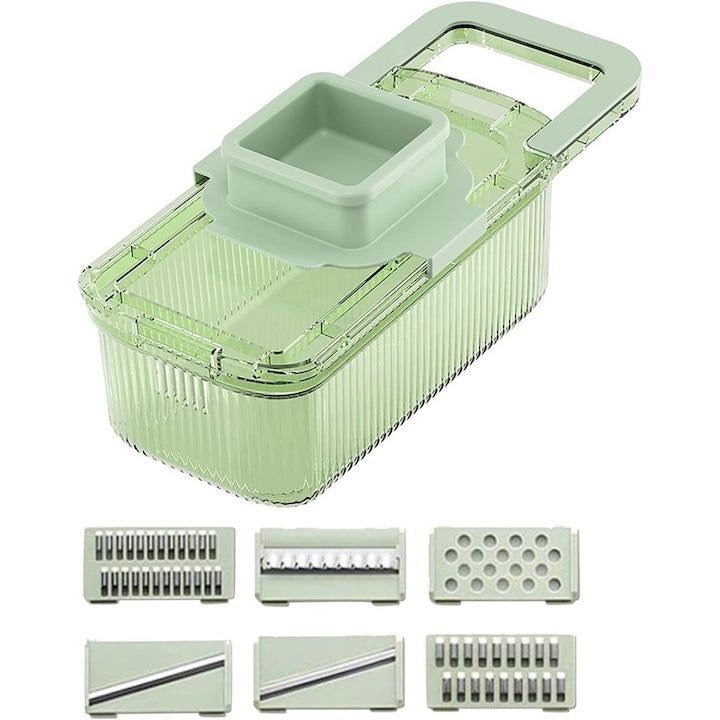 Razatoare multifunctionala cu recipient, 6 lamele inox, tocator rotund legume fructe, demontabila, verde