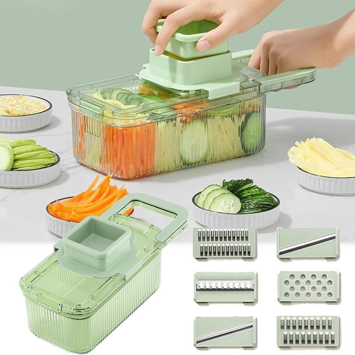Razatoare multifunctionala cu recipient, 6 lamele inox, tocator rotund legume fructe, demontabila, verde