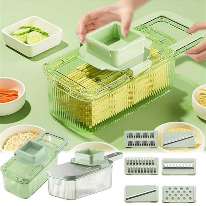 Razatoare multifunctionala cu recipient, 6 lamele inox, tocator rotund legume fructe, demontabila, verde