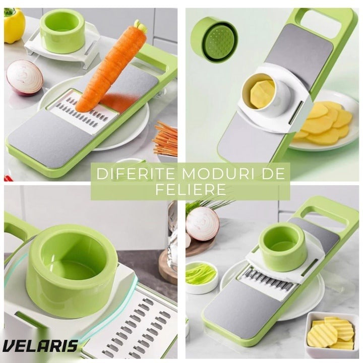 Razatoare multifunctionala cu recipient, 6 lamele inox, tocator rotund legume fructe, demontabila, verde