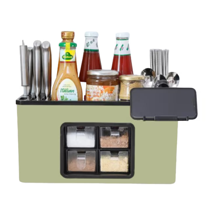 Organizator bucatarie, 4 compartimente, raft condimente, porttelefon, verde deschis