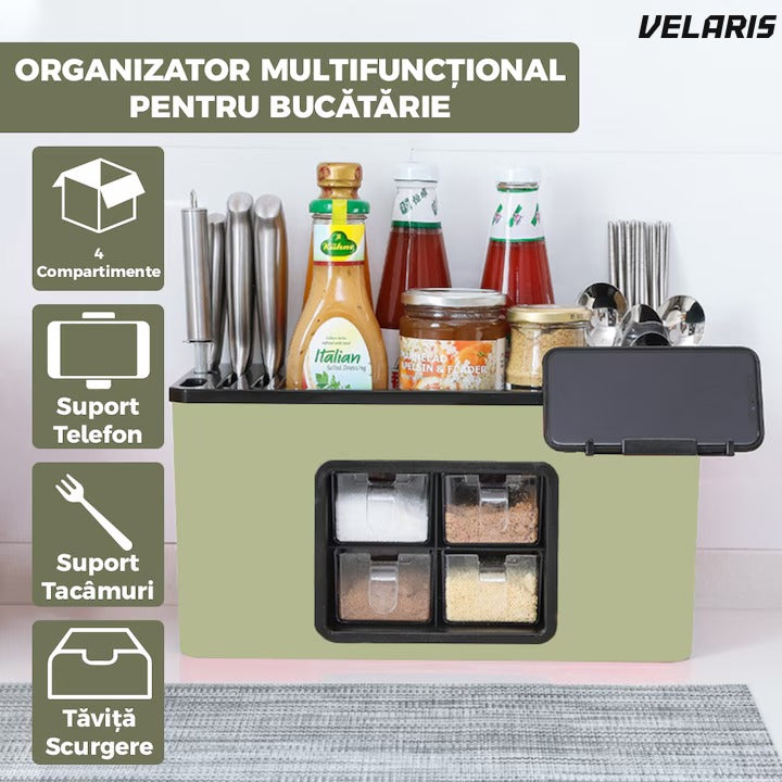 Organizator bucatarie, 4 compartimente, raft condimente, porttelefon, verde deschis
