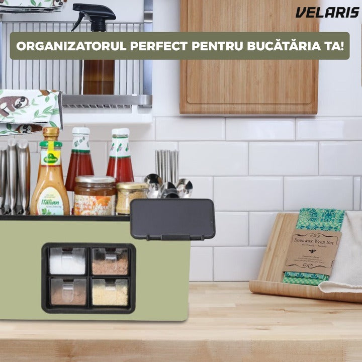 Organizator bucatarie, 4 compartimente, raft condimente, porttelefon, verde deschis