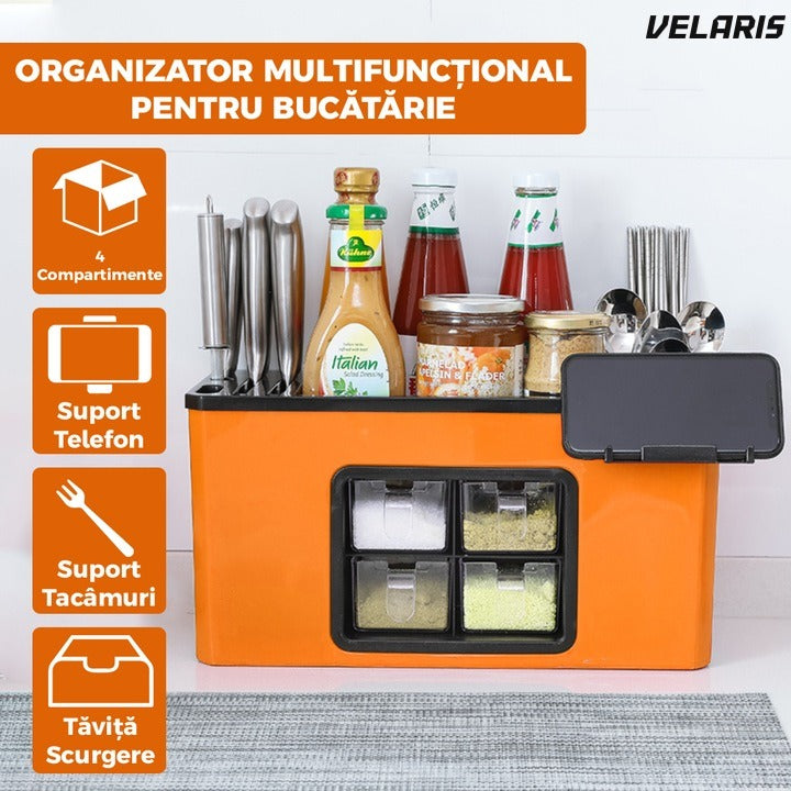 Organizator bucatarie, 4 compartimente, raft condimente, porttelefon, portocaliu