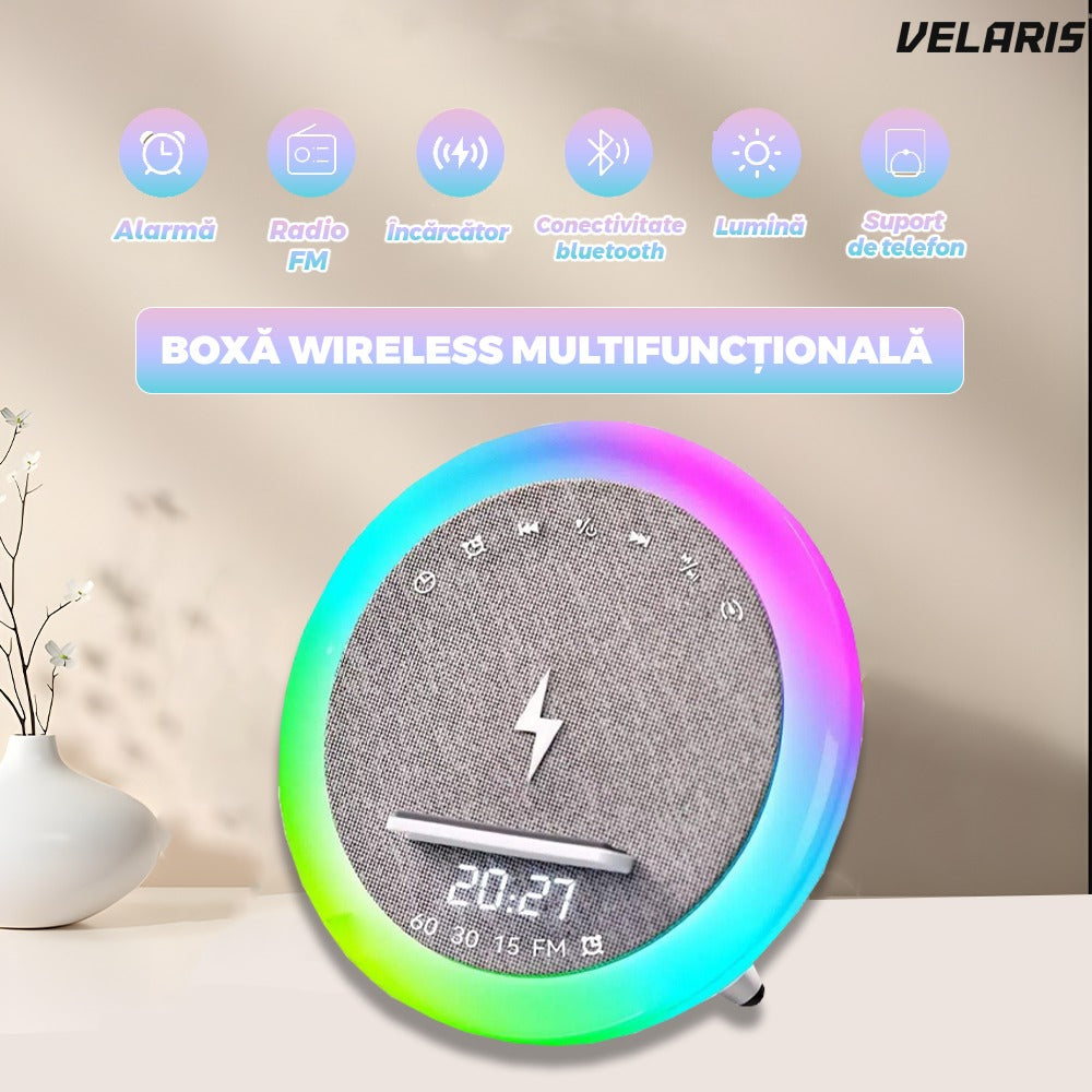 Boxă mini multifuncțională, LED RGB, încărcător wireless, radio, Bluetooth 5.3