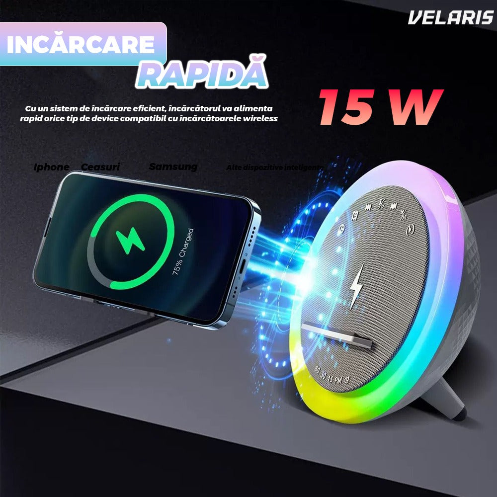 Boxă mini multifuncțională, LED RGB, încărcător wireless, radio, Bluetooth 5.3