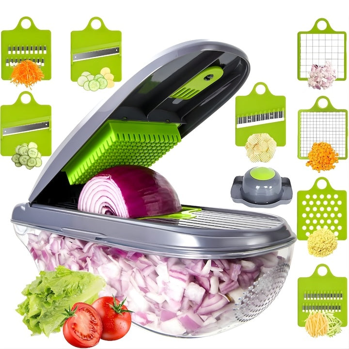 Razatoare multifuncțională legume 12 în 1, 8 lame inox interschimbabile, recipient 1,5 L