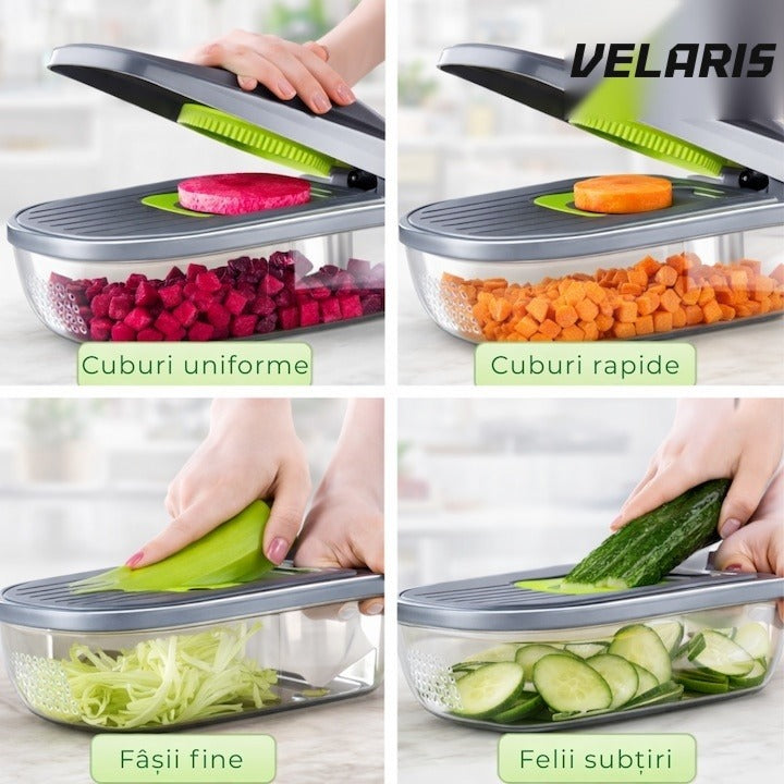 Razatoare multifuncțională legume 12 în 1, 8 lame inox interschimbabile, recipient 1,5 L