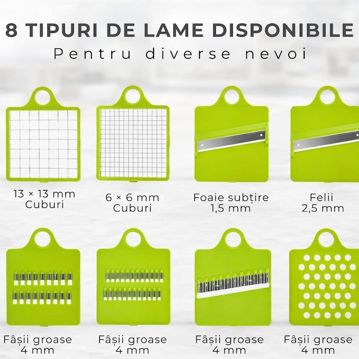 Razatoare multifuncțională legume 12 în 1, 8 lame inox interschimbabile, recipient 1,5 L