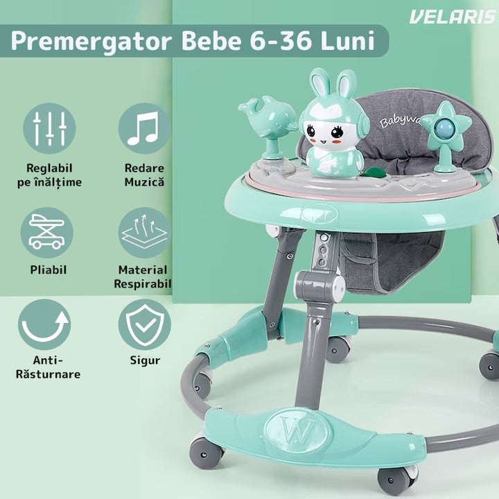 Premergatoare multifuncțională pentru bebeluși cu tavă de joacă, muzică și pliabilă