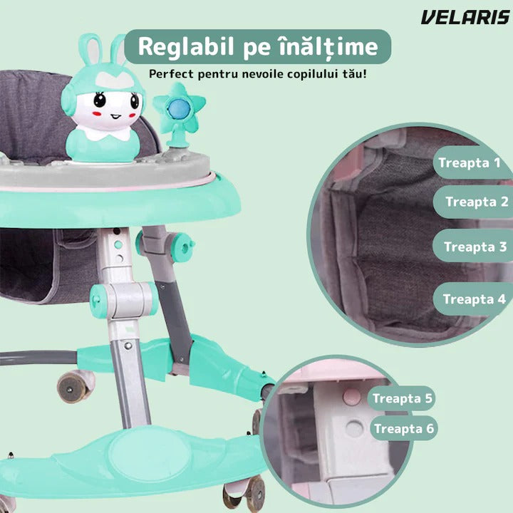Premergatoare multifuncțională pentru bebeluși cu tavă de joacă, muzică și pliabilă