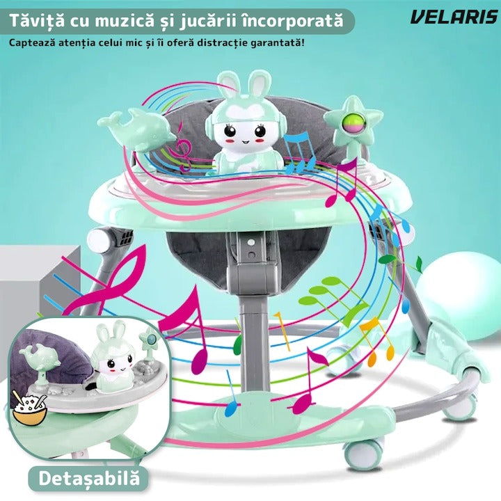 Premergatoare multifuncțională pentru bebeluși cu tavă de joacă, muzică și pliabilă