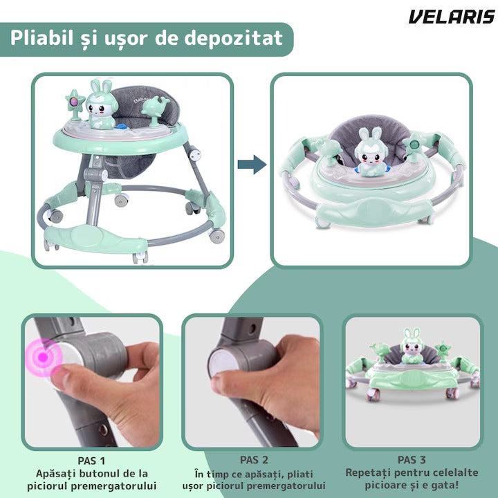 Premergatoare multifuncțională pentru bebeluși cu tavă de joacă, muzică și pliabilă