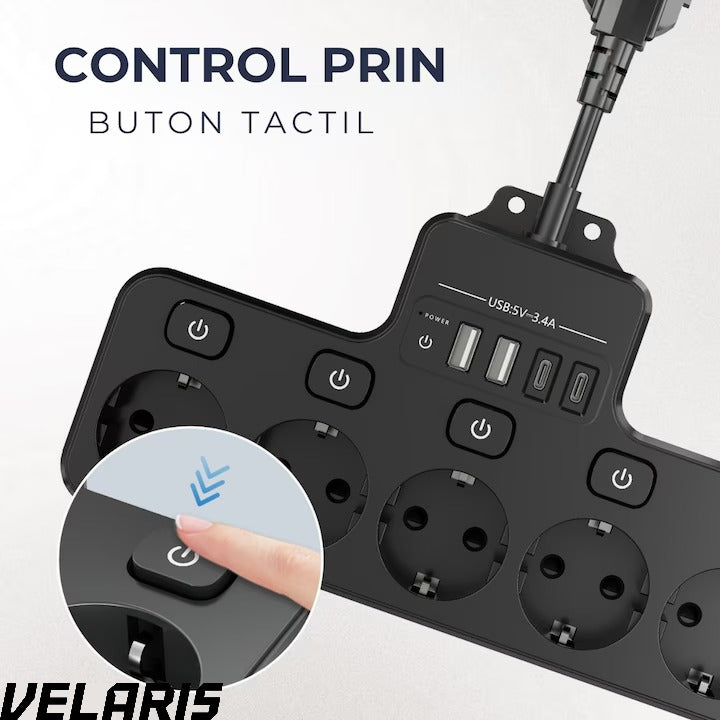 Multipriza cu 4 prize Schuko, 4 porturi USB, control individual, 4000W, extensie electrica pentru birou si acasa